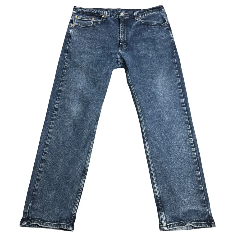 Levis 505 Regular Fit Straight Leg Jeans Mens 36x30 Dark Wash Blue Stretch Denim